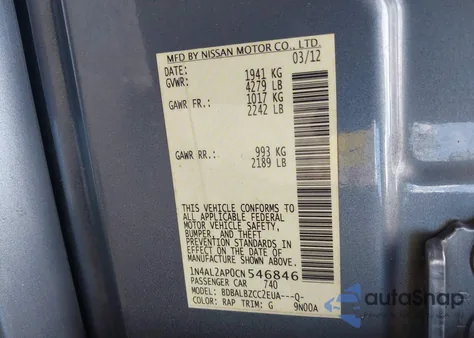 2012 Nissan Altima 2.5 S z USA, uszkodzony, nr VIN 1N4AL2AP0CN546846